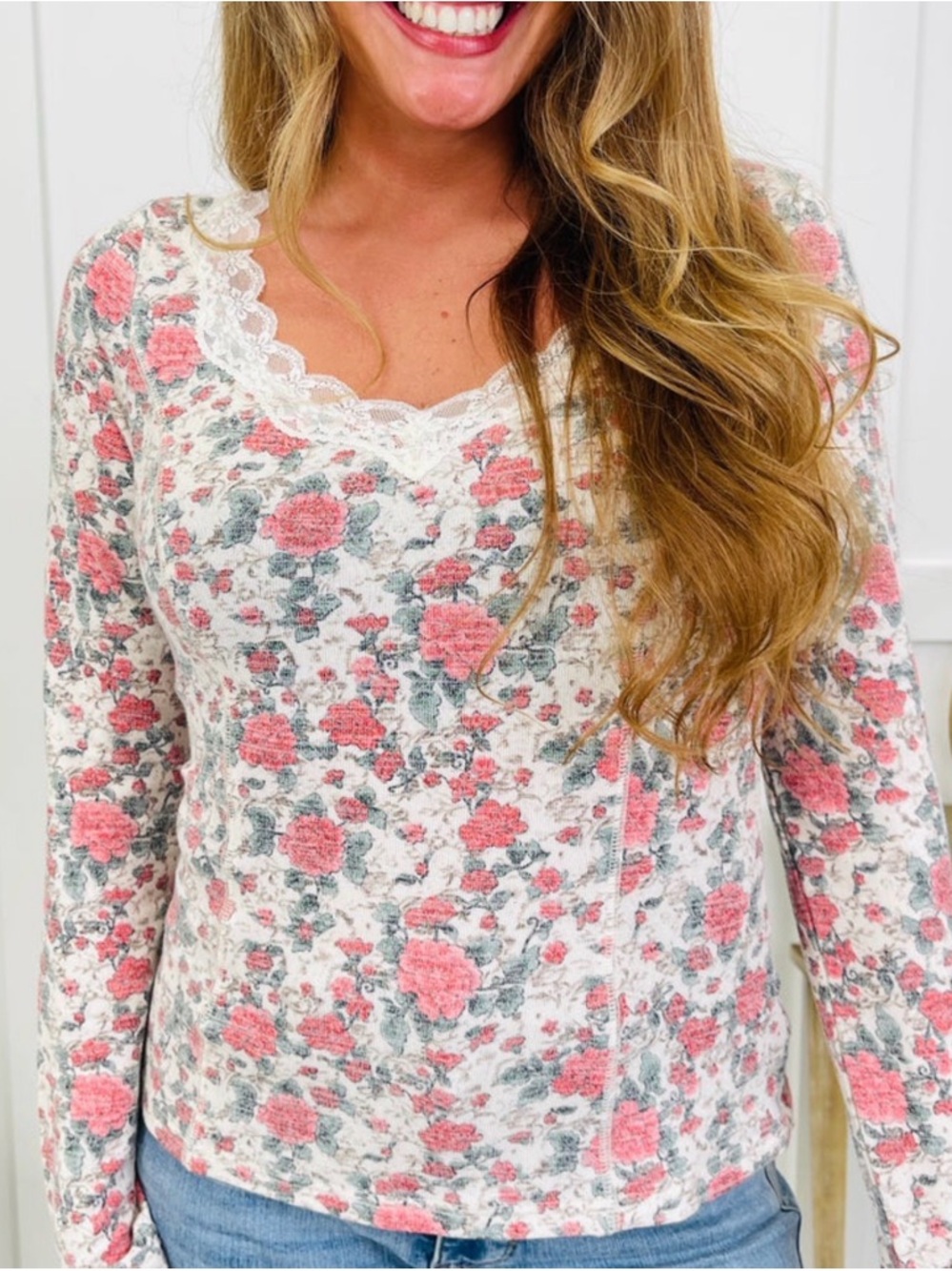 BiBi Pink & Cream Floral Lace-Trim Long Sleeve Top